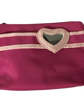 CC Boutique Fuchsia Cosmetic Pouch with Pale Pink Heart Trim and mirror like new